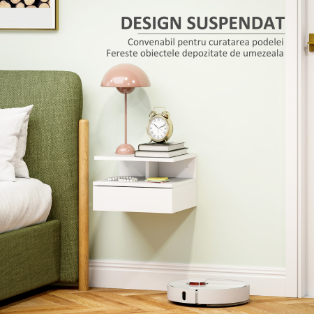  Noptiera Suspendata pentru Dormitor cu Sertar si Raft din Lemn, 35x32x22.5cm, Alb [3]