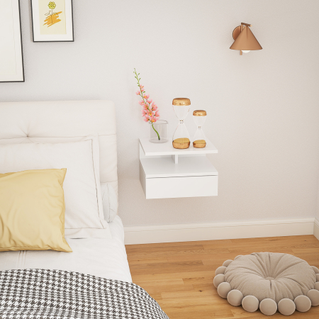  Noptiera Suspendata pentru Dormitor cu Sertar si Raft din Lemn, 35x32x22.5cm, Alb [5]