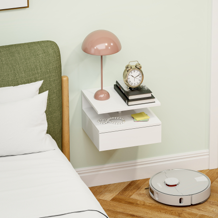  Noptiera Suspendata pentru Dormitor cu Sertar si Raft din Lemn, 35x32x22.5cm, Alb [8]