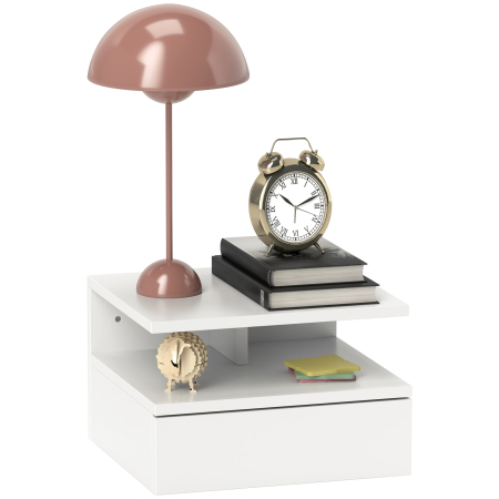  Noptiera Suspendata pentru Dormitor cu Sertar si Raft din Lemn, 35x32x22.5cm, Alb [0]