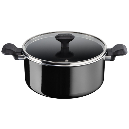 Vase & ustensile pentru gatit - Oala cu capac Tefal So Intensive D5064662, 24 cm, aluminiu, invelis antiaderent Titanium Extra, capac din sticla, exterior emailat, negru