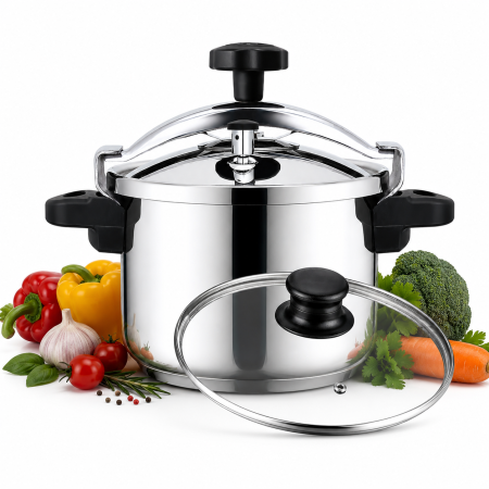 Oale sub presiune - Oala sub presiune  2 in 1 HAEGER INOX PLUS, Capacitate 8 L, Corp din inox, Supapa de siguranta, Toate tipurile de plita, Capac suplimentar din sticla, Inox