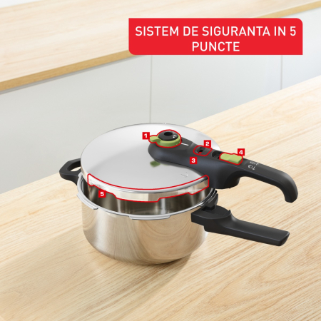 Oala sub presiune Tefal Secure Trendy P2580402, 4 L, sistem siguranta in 5 puncte, 2 programe de gatire, compatibil cu inductia, argintiu [3]