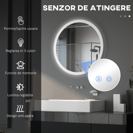  Oglinda Baie LED Anti-aburire cu 3 Culori si Luminozitate Reglabila, din Metal si Sticla, Ø70x3 cm [3]