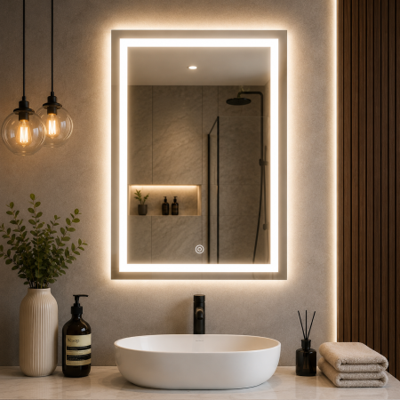 Baie - Oglinda baie LED dreptunghiulara cu functie anti-aburire, iluminare reglabila cu control tactil, 50x70 cm