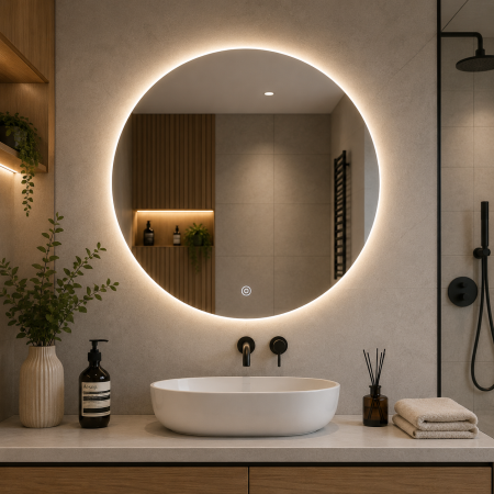 Baie - Oglinda baie LED rotunda cu functie anti-aburire, iluminare perimetrala reglabila cu control tactil, 80 cm