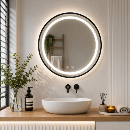 Baie - Oglinda baie LED rotunda cu functie anti-aburire, iluminare reglabila cu control tactil, 60 cm, negru
