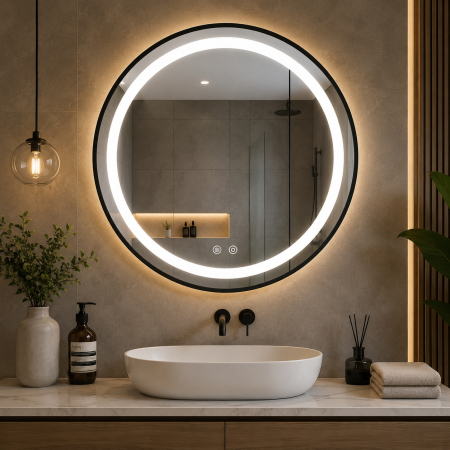 Baie - Oglinda baie LED rotunda cu functie anti-aburire, iluminare reglabila cu control tactil, 80 cm, negru