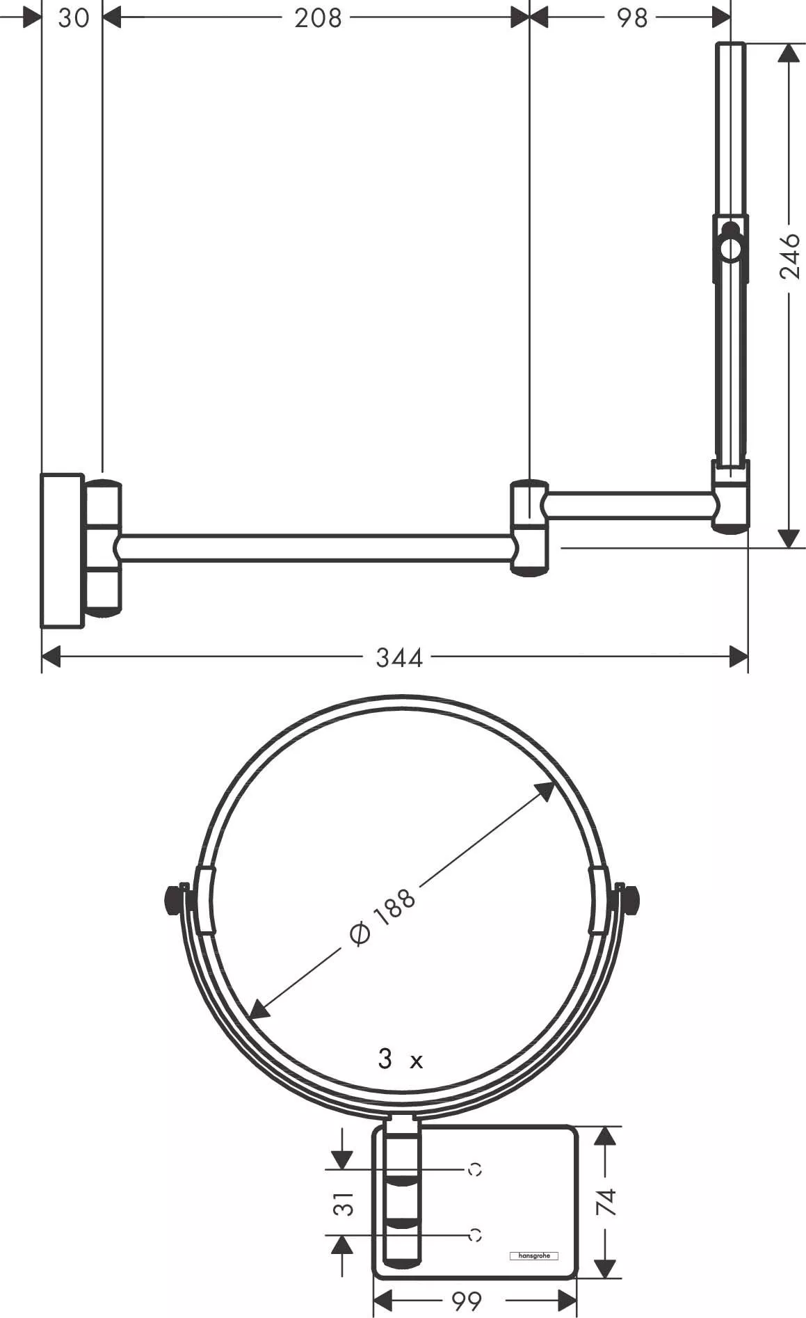Oglinda cosmetica Hansgrohe AddStoris 41791000, 188 mm, 3X, rotativa, montare pe perete, metal, crom [1]