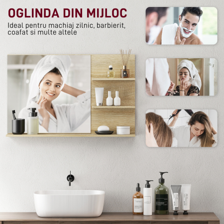  Oglinda de Baie cu 2 Rafturi Laterale si Raft Inferior, Culoare Lemn [4]