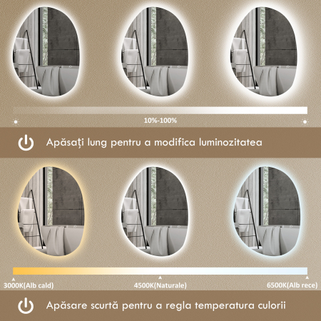  Oglinda de Baie cu Iluminare LED si Culoare si Temperatura Reglabila, din Sticla Temperata, 70x5x50 cm, Argintiu [3]