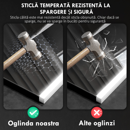  Oglinda de Baie cu Lumina LED in 3 Culori si Functie Memorie, din Sticla Temperata, 70x50x3 cm, Argintiu [6]