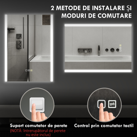  Oglinda de Baie cu Lumina LED in 3 Culori si Functie Memorie, din Sticla Temperata, 70x50x3 cm, Argintiu [7]