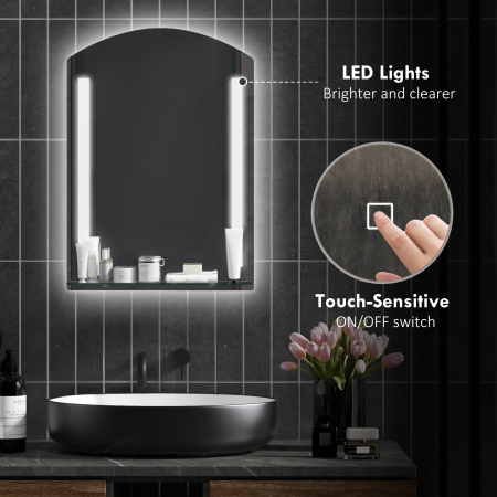  Oglinda de baie cu lumina LED reglabila in 3 culori si raft din sticla, 50x12x70 cm, argintiu [4]