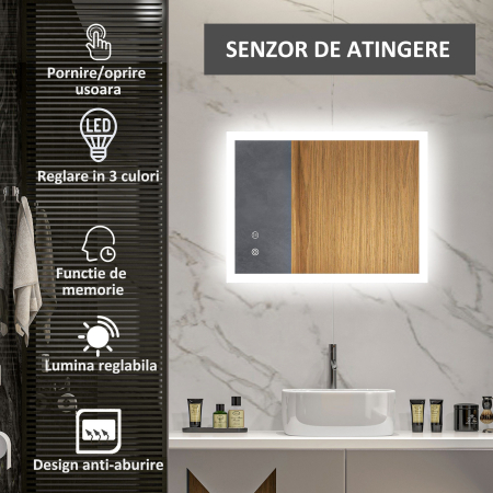  Oglinda de baie cu lumini LED reglabila, control tactil si functie anti-aburire, 70x50 cm [3]
