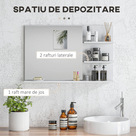  Oglinda de Baie cu Rafturi de Depozitare, Oglinda de Machiaj Dreptunghiulara Oglinda de Perete Suspendata, Alb [3]
