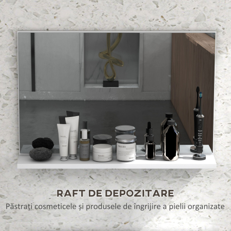  Oglinda de Baie de Perete cu Raft, Oglinda Moderna Multifunctionala, 60x12x40 cm, Alb [4]