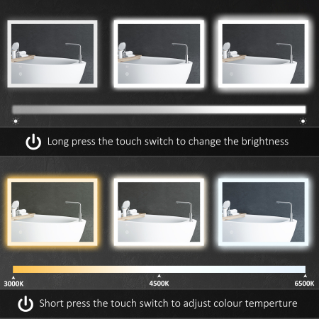  Oglinda de Baie Iluminata 800 x 600 mm cu Iluminare din Spate cu Lumini LED, Oglinda de Baie de Perete cu 3 Lumini, Intrerupator Tactil Reglabil, Folie de Dezaburire, Orizontala/Verticala [4]