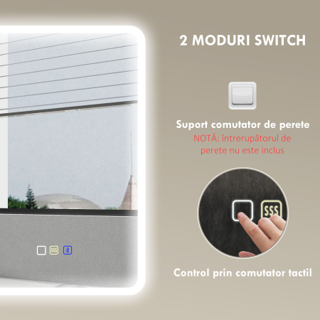  Oglinda de baie LED bluetooth 70 x 90 cm interruptor tactil lumina reglabila 3 culori anti-abur memorie argintiu [8]