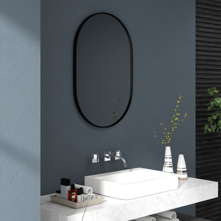  Oglinda de Baie Ovala de Perete cu Rama din Aluminiu, Verticala sau Orizontala, 60x90cm, Negru [7]