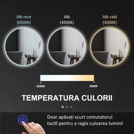  Oglinda de Baie Rotunda cu Lumina LED in 3 Culori si intrerupatoare Touch, Ø70x3.5 cm, Transparent [5]