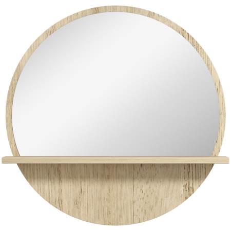 Oglinzi baie -  Oglinda de Baie Rotunda din PAL si Sticla cu Raft pentru Depozitare si 2 Carlige pentru Fixare, Ø45x10 cm, Lemn Natural