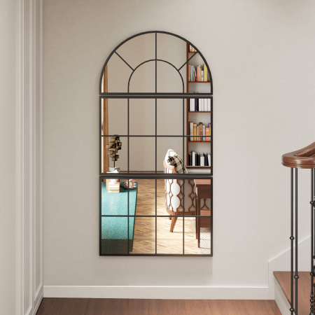  Oglinda de Perete Arcuita in Forma de Fereastra pentru Hol si Sufragerie cu 3 Agatatori, 76x43 cm, Negru [5]