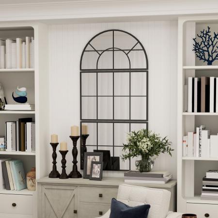  Oglinda de Perete Arcuita in Forma de Fereastra pentru Hol si Sufragerie cu 3 Agatatori, 76x43 cm, Negru [8]