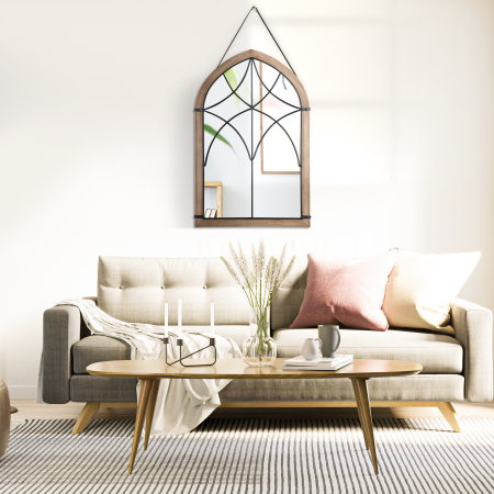  Oglinda de perete cu arcada, detalii moderne si carlige, din lemn si sticla, 60x93 cm, maro si negru [6]