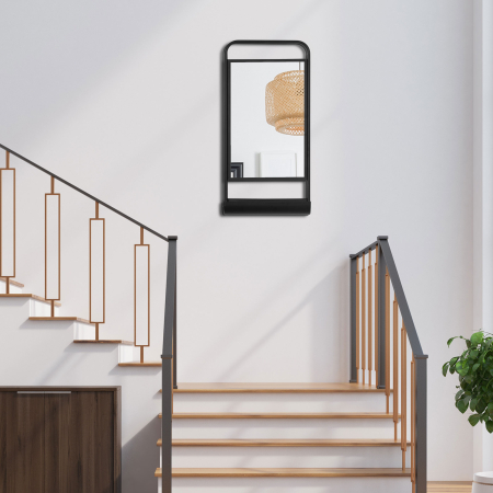  Oglinda de perete cu raft inferior si cadru metalic, oglinda pentru baie si dormitor, 36,2x12x71,7cm, negru [5]