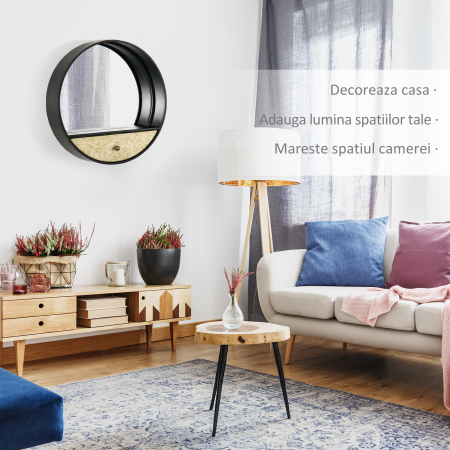  Oglinda de perete rotunda Ø61cm, oglinda decorativa cu sertar si cadru din metal si MDF, negru [3]