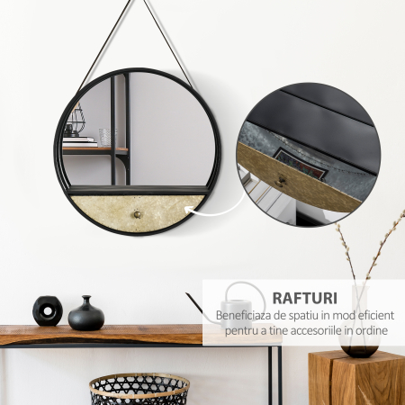  Oglinda de perete rotunda Ø61cm, oglinda decorativa cu sertar si cadru din metal si MDF, negru [4]