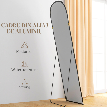  Oglinda de podea si perete moderna din aliaj de aluminiu cu suport pliabil, 50x170 cm, negru [5]