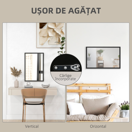 Oglinda Dreptunghiulara de Perete cu Carlige, Sticla si MDF, 60x80 cm, Negru [4]