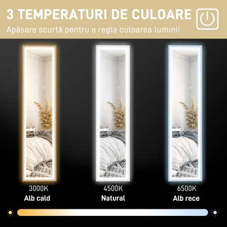  Oglinda iluminata cu lumini LED reglabile si buton tactil, din sticla si MDF, 40x5x160 cm, alba [5]