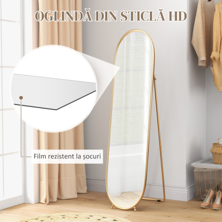  Oglinda inalta cu Cadru de Sustinere, Oglinda Ovala pentru Dormitor sau Living, 40x4x160 cm, Auriu [4]