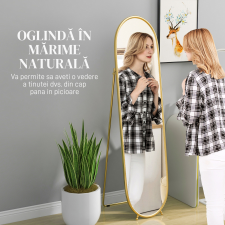  Oglinda inalta cu Cadru de Sustinere, Oglinda Ovala pentru Dormitor sau Living, 40x4x160 cm, Auriu [3]