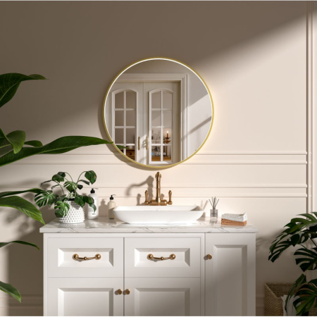 Mobilier pentru baie - Oglinda LED Fluminia Aster 70 Clock, D70cm, dezaburire, ceas digital, rama gold