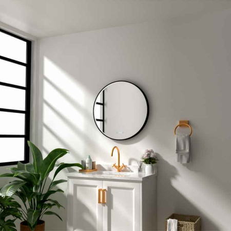 Mobilier pentru baie - Oglinda LED Fluminia Aster 70 Clock, D70cm, dezaburire, ceas digital, rama neagra