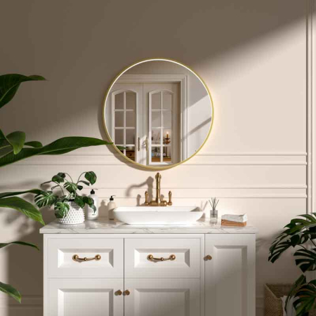 Mobilier pentru baie - Oglinda LED Fluminia Aster 80 Clock, D80cm, dezaburire, ceas digital, rama gold