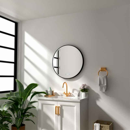 Mobilier pentru baie - Oglinda LED Fluminia Aster 80 Clock, D80cm, dezaburire, ceas digital, rama neagra