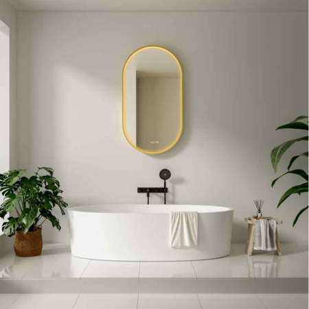 Mobilier pentru baie - Oglinda LED Fluminia Canaria 90 Clock, dezaburire, ceas digital, iluminare perimetrala, gold
