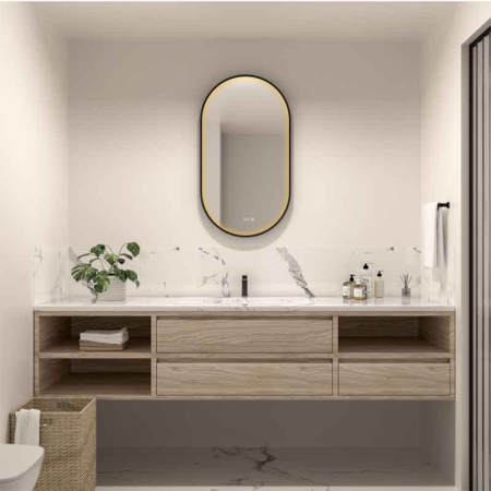 Mobilier pentru baie - Oglinda LED Fluminia Canaria 90 Clock, dezaburire, ceas digital, iluminare perimetrala, negru