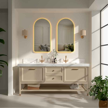 Mobilier pentru baie - Oglinda LED Fluminia Gaudi Gold, 50x100cm, dezaburire, lumina ambientala, rama gold