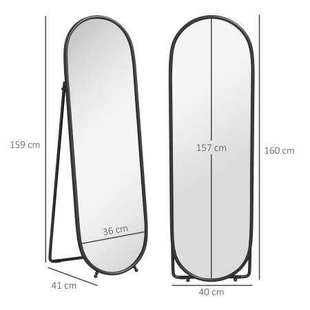  Oglinda Ovala de Podea, cu Suport Rabatabil, din Sticla si Metal, 40x41x159 cm, Negru [2]