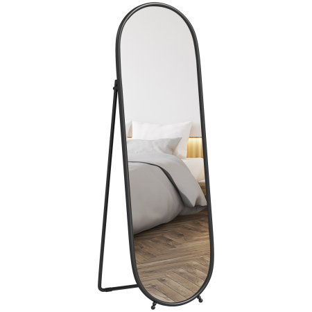  Oglinda Ovala de Podea, cu Suport Rabatabil, din Sticla si Metal, 40x41x159 cm, Negru [0]