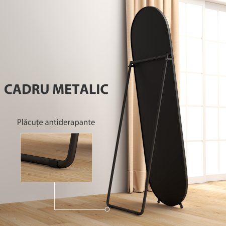  Oglinda Ovala de Podea, cu Suport Rabatabil, din Sticla si Metal, 40x41x159 cm, Negru [5]