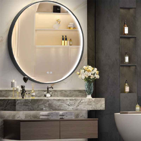 Mobilier pentru baie - Oglindă rotundă Fluminia Uccello 90, cu iluminare LED și dezaburire, ramă neagră