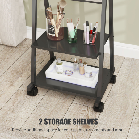  Oglinda Verticala de Podea cu 2 Rafturi si 4 Roti, din Otel si Lemn, 42x37x155 cm, Negru [4]