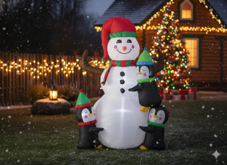 Om de zapada gonflabil de exterior, cu pinguini si iluminare LED, 190 cm, compresor integrat, alb [1]